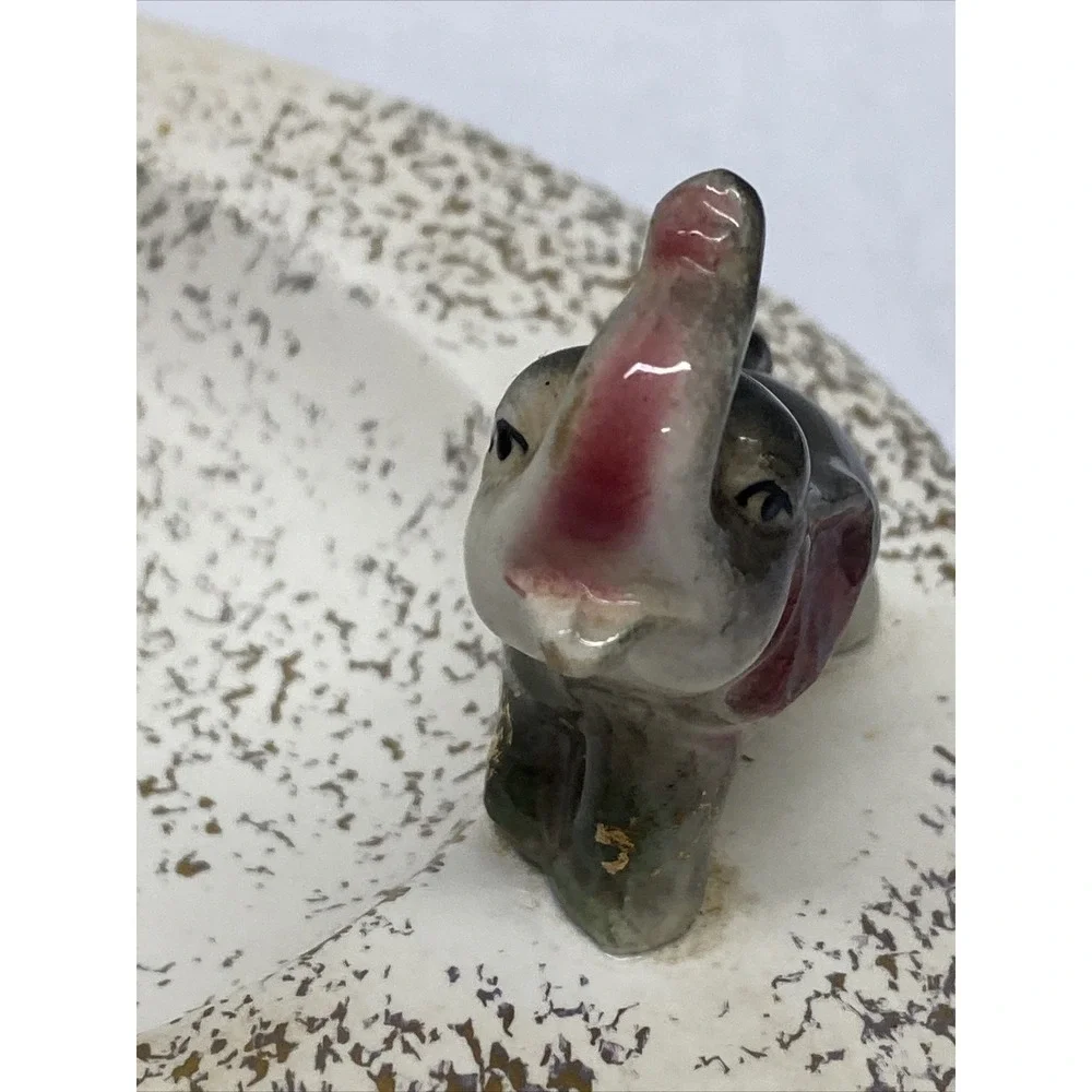 Vtg Ashtray Dish Whimsical Elephant Figurine White W/ Gold specks 6.5 x 4.5